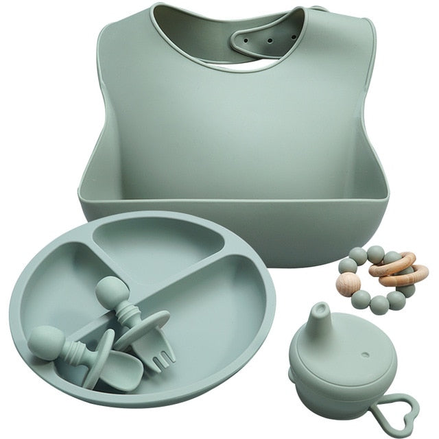 NobleTots Silicone Feeding Set - Baby LED Weaning Supplies, Olive Green